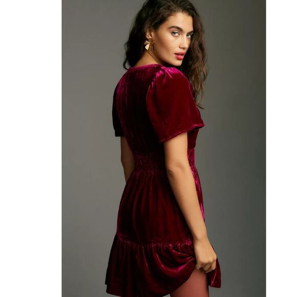 New Anthropologie The Somerset Mini Dress: Velvet Edition $168 XXS - 00 Wine - Picture 4 of 9